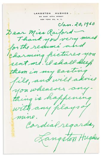 HUGHES, LANGSTON. Two Autograph Letters Signed, "Langston Hughes" or "Langston," to Melba Raeford ("Dear Miss Raiford" or "Dear Melbra"